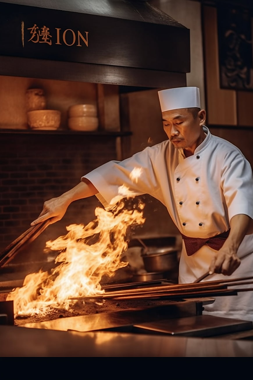 Asian chef cooking with flames in professional kitchen