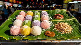 Colorful Thai Sticky Rice Dessert on Banana Leaf