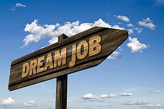 Wooden signpost pointing to dream job against blue sky
