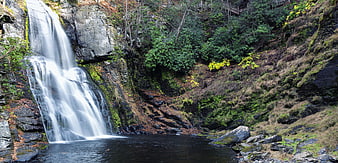 Serene waterfall cascading into a pool in autumn forest