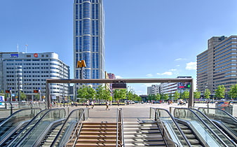 Rotterdam skyline with escalators and modern skyscrapers