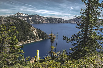Scenic View of Crater Lake with Pine Trees and Mountains