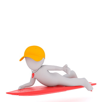 3D White Surfer Character on Red Board Isolated