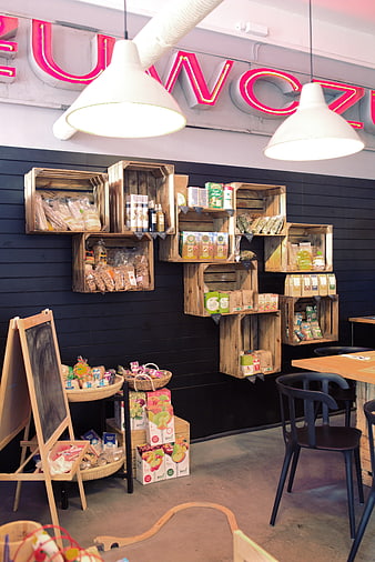 Interior of a modern eco-friendly market with wooden crates