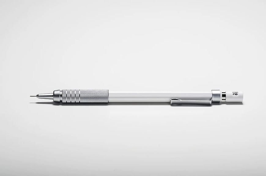 Silver mechanical pencil on white background