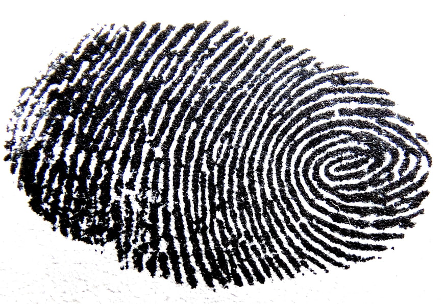 Black ink fingerprint on white paper background