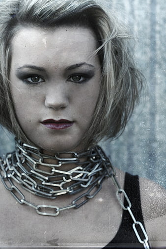 Grunge Portrait of Woman with Metal Chain Choker
