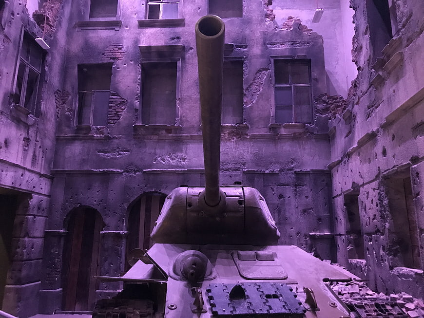 WWII Tank in War-Torn Urban Ruins Museum Exhibit