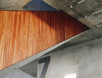 Modern concrete architecture with warm wooden paneling detail