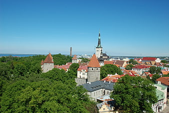 Aerial View of Tallinn Old Town with Medieval Towers and Church Spire