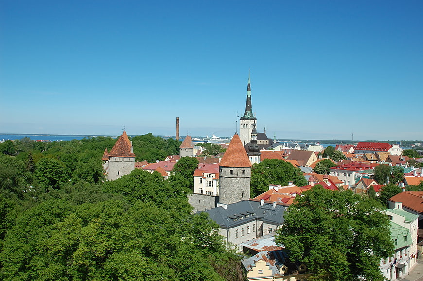 Aerial View of Tallinn Old Town with Medieval Towers and Church Spire