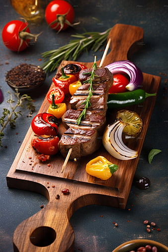 Grilled Beef Kebab Skewer with Vegetables on Wooden Board