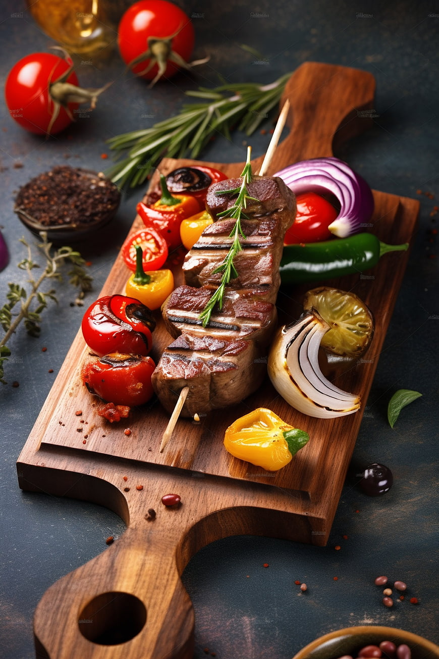 Grilled Beef Kebab Skewer with Vegetables on Wooden Board
