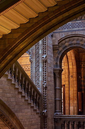 Gothic Revival Staircase Interior with Stone Carvings