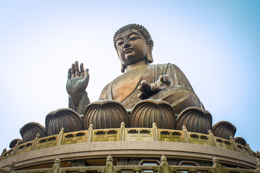 Low angle view of Tian Tan Buddha statue in Hong Kong
