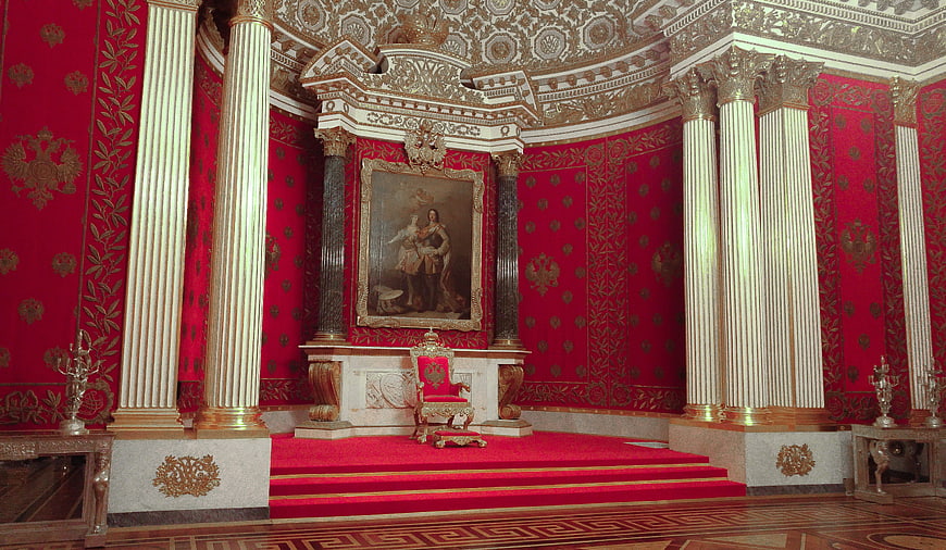 Grand Red and Gold Throne Room Interior with Portrait