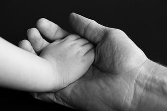 Adult Hand Holding Baby Hand Black and White Close Up