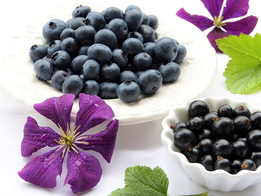 Fresh Blueberries and Black Currants with Purple Clematis Flowers