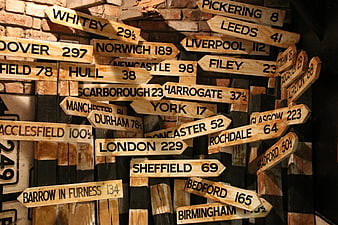 Rustic wooden directional signpost with UK city names