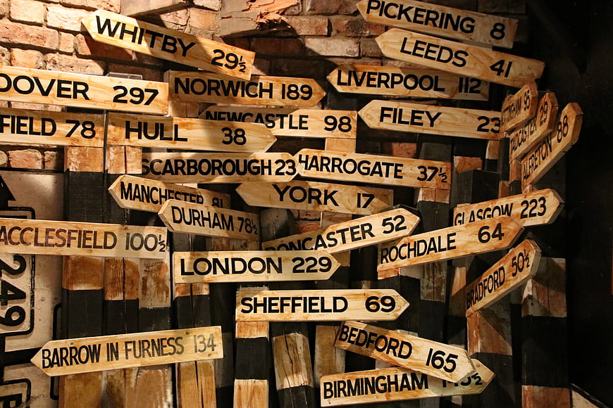 Rustic wooden directional signpost with UK city names
