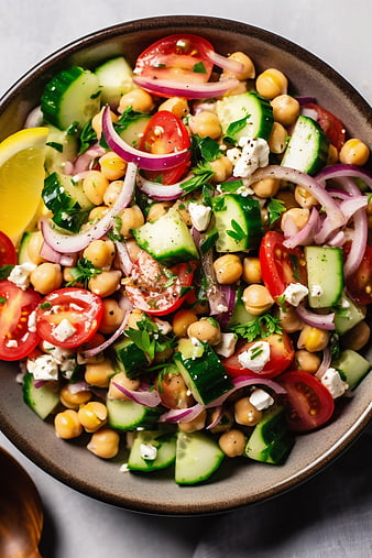 Fresh Chickpea Salad with Cucumber, Tomato, and Feta