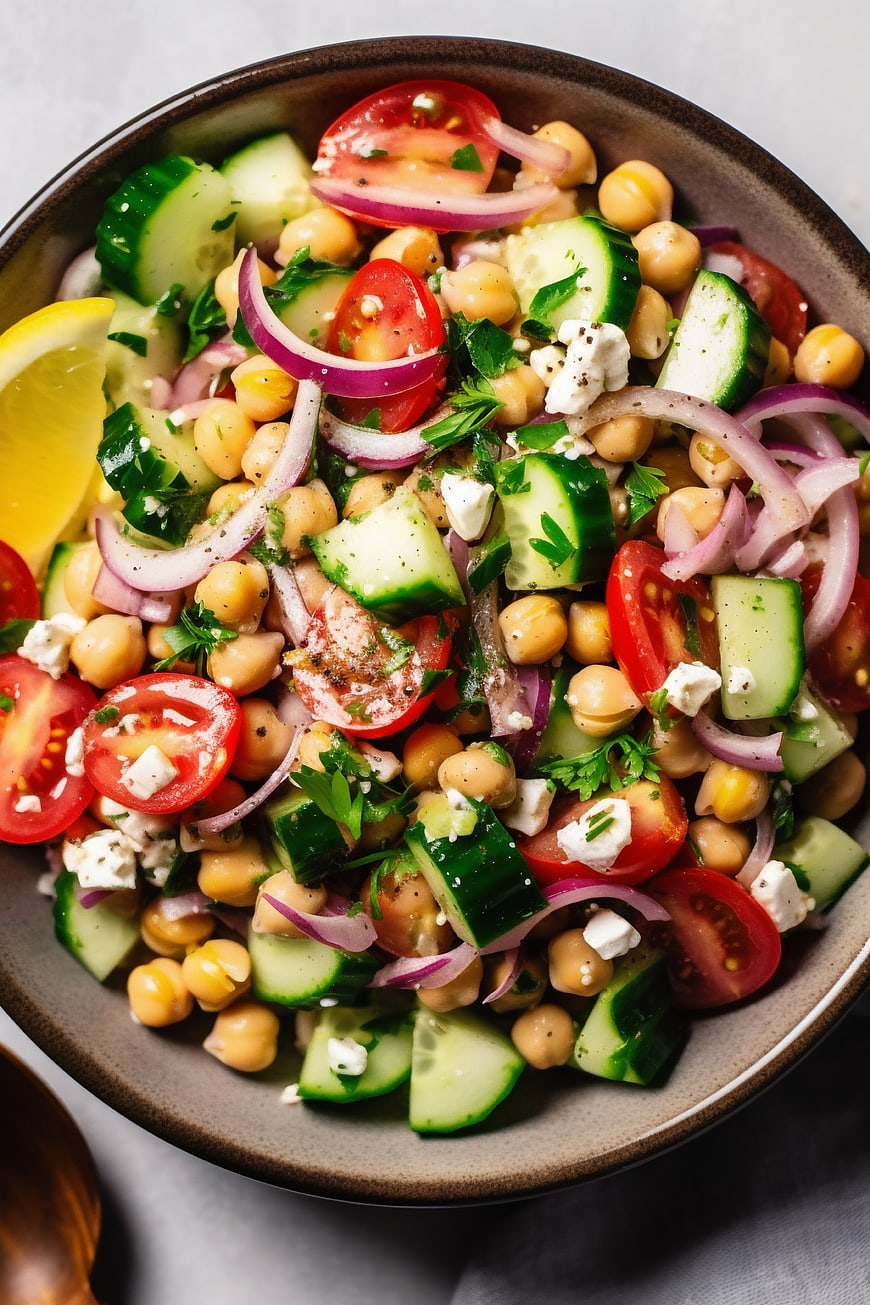 Fresh Chickpea Salad with Cucumber, Tomato, and Feta