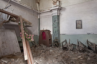 Ruined Church Interior With Rubble And Confessional After Earthquake
