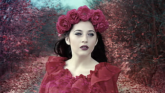 Fantasy Portrait of Woman Wearing Rose Crown in Autumn Forest