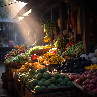 Sunlit tropical fruit and vegetable market stall display