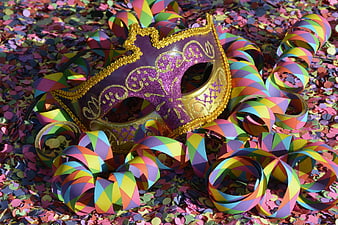 Purple and Gold Masquerade Mask with Carnival Confetti