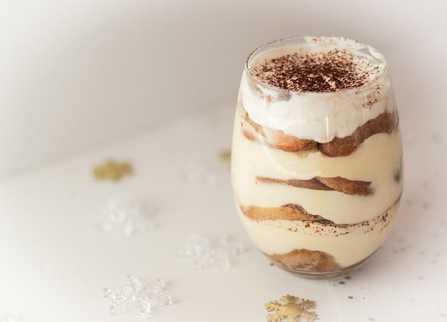 Homemade Tiramisu in Glass with Snowflake Decorations