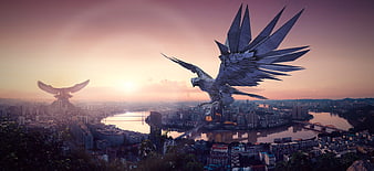 Surreal Giant Eagle Sculpture Over City At Dusk