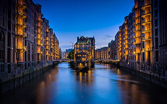 Hamburg Speicherstadt Canal at Blue Hour