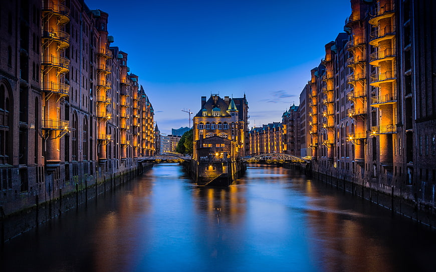Hamburg Speicherstadt Canal at Blue Hour