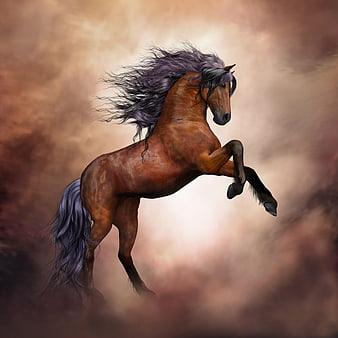 Digital Art of a Rearing Brown Horse with Flowing Purple Mane