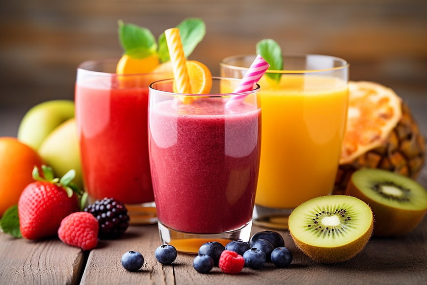 Colorful Fresh Fruit Smoothies with Berries and Tropical Fruits