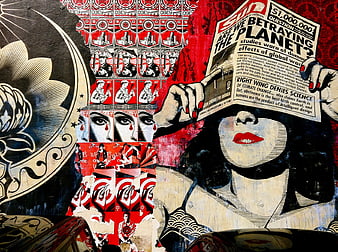 Obey Propaganda Street Art Mural With Newspaper And Red Pattern