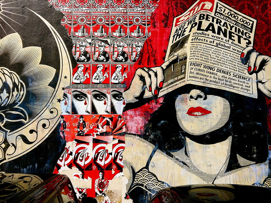 Obey Propaganda Street Art Mural With Newspaper And Red Pattern