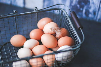 Fresh brown and white eggs in a rustic wire basket