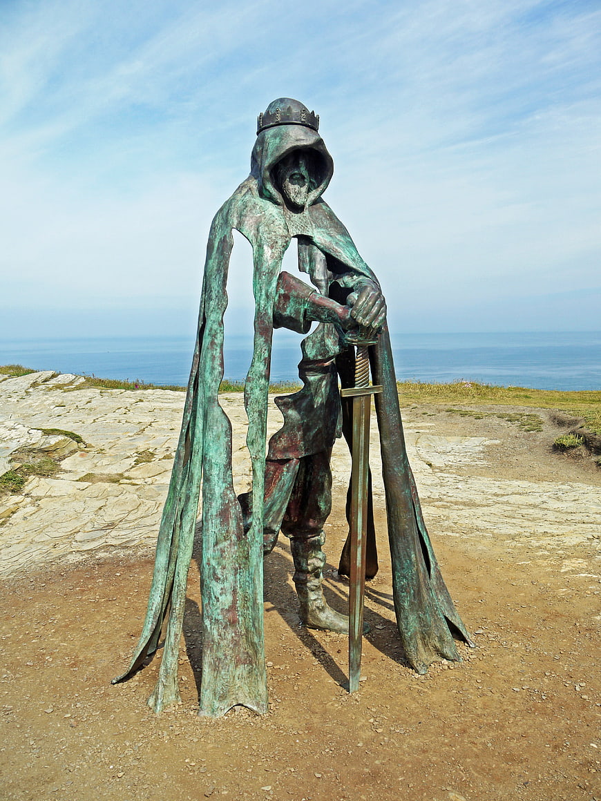 Bronze King Arthur Sculpture with Excalibur on Cornish Coast