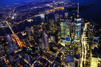 Aerial Night View of Manhattan Skyline and One World Trade Center