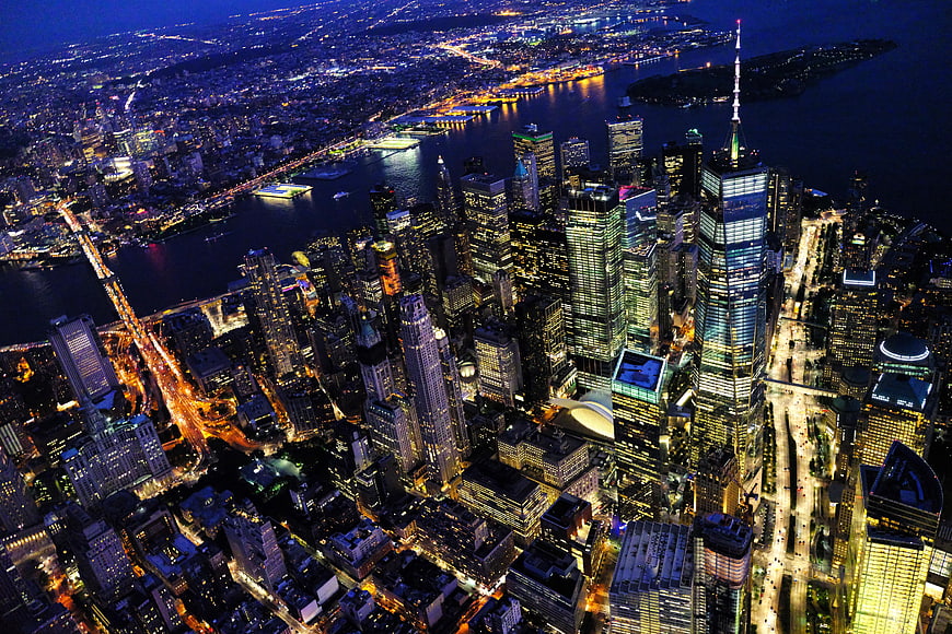 Aerial Night View of Manhattan Skyline and One World Trade Center