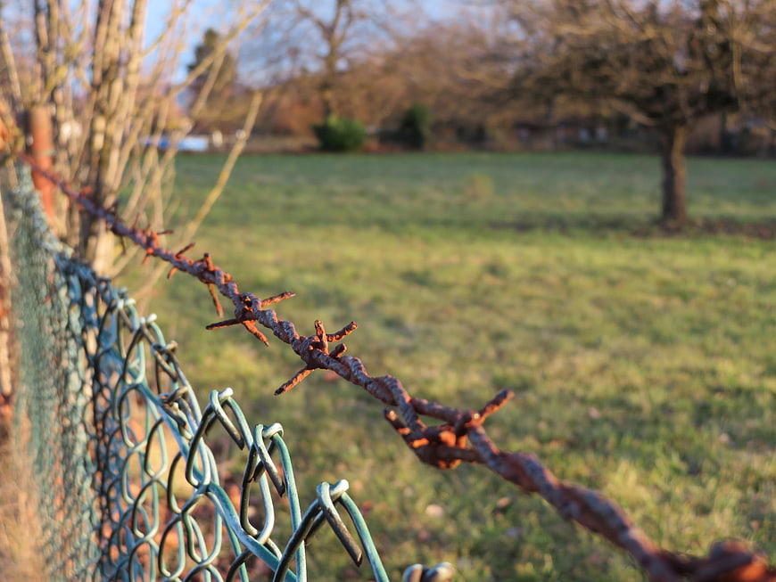 Rusty barbed wire on chain link fence in green field