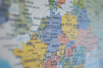 Close-up of a physical map highlighting Germany and Central Europe