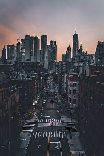 New York City Skyline at Dusk with Street View