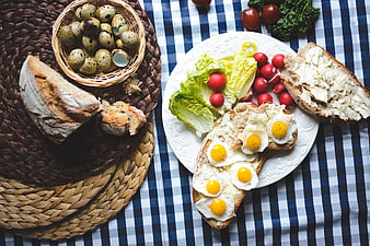Top view of Easter breakfast with fried quail eggs on bread