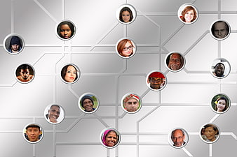Diverse global faces connected by digital network lines