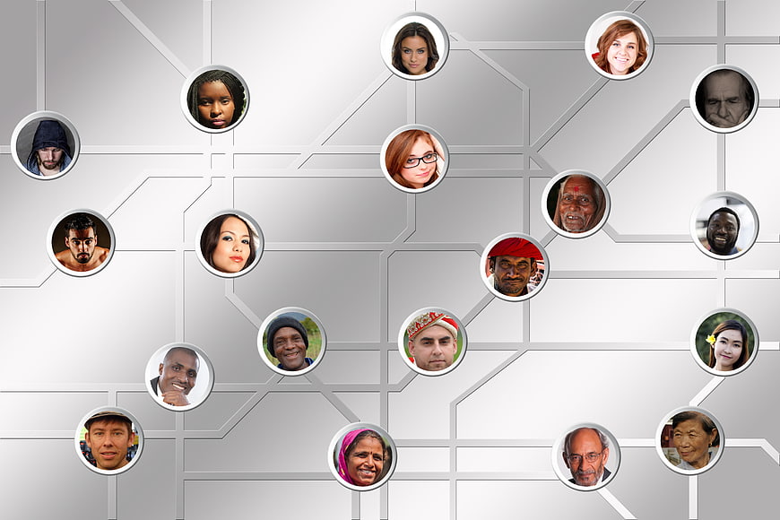 Diverse global faces connected by digital network lines