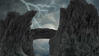 Dramatic Fantasy Rock Arch Storm With Lightning And Rain