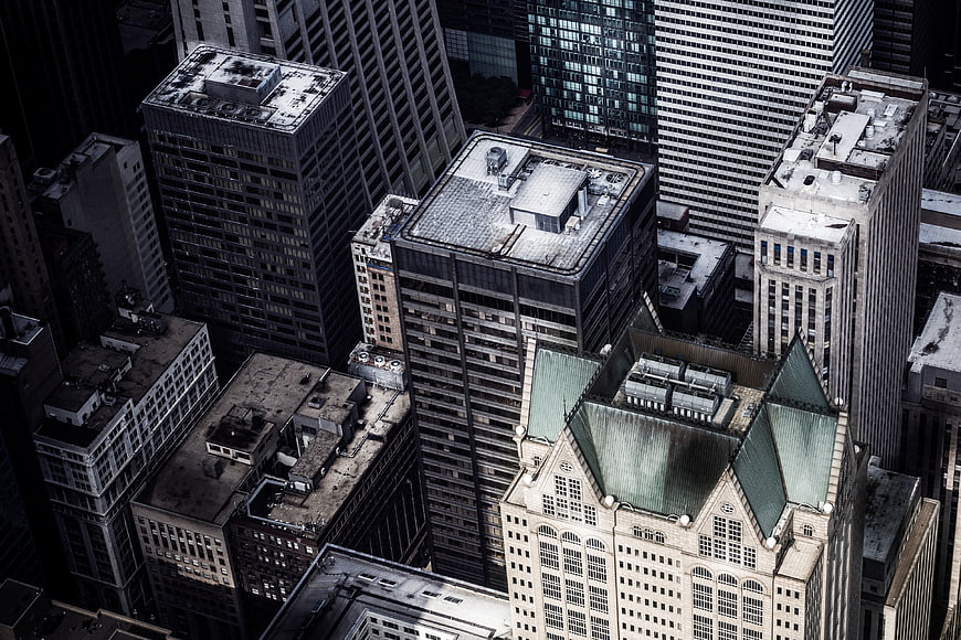 Aerial View of Downtown Skyscrapers and Urban Architecture